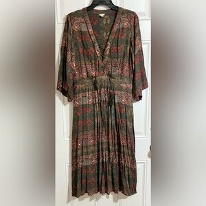 REBA Midi Dress Women’s L Black Paisley Print Pleated Tassels Boho‎ Cottagecore